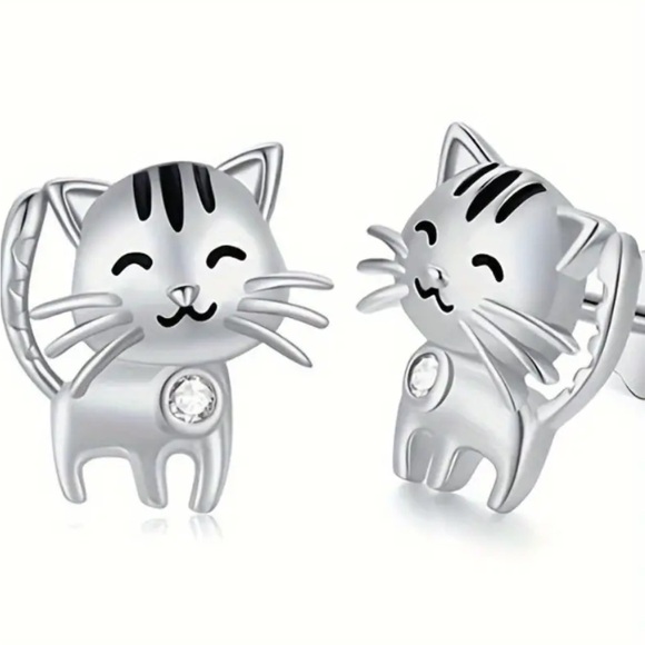 Fashion Jewelry Jewelry - Silver Plated Round Rhinestone Cat Stud Earrings